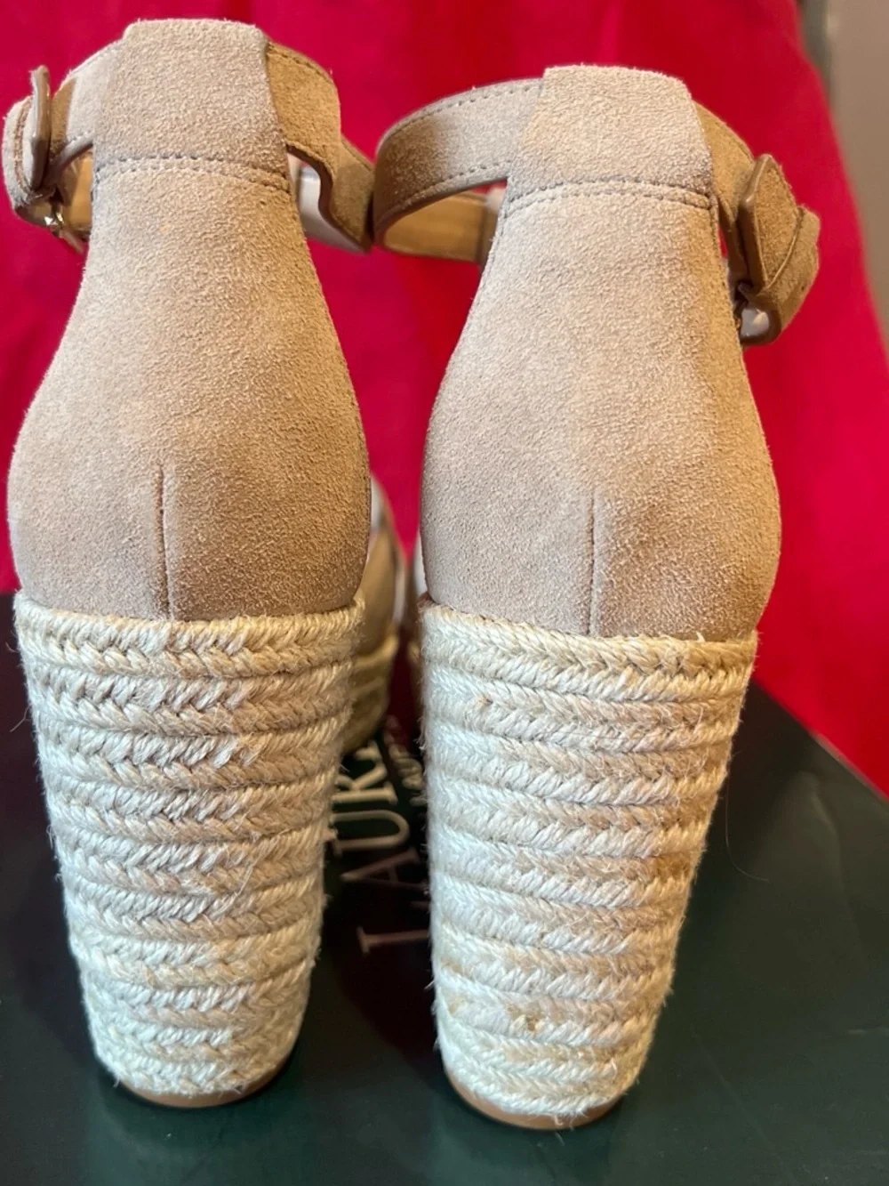 Ralph Lauren Beige Suede Wedge Espadrille Sandals with Gold RL Hardware 10B